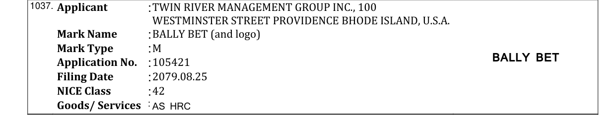 Original bulletin entry for BALLY BET (and logo)