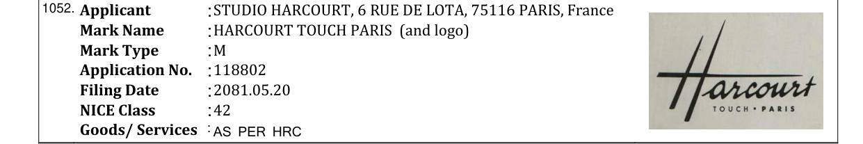 Original bulletin entry for HARCOURT TOUCH PARIS (and logo)