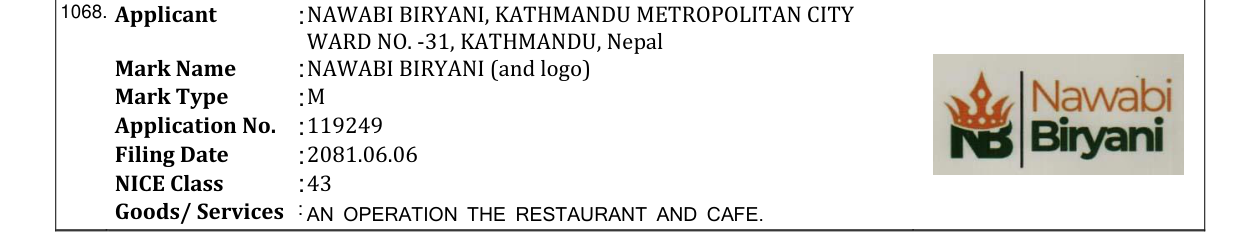 Original bulletin entry for NAWABI BIRYANI (and logo)