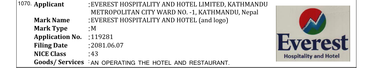 Original bulletin entry for EVEREST HOSPITALITY AND HOTEL (and logo)