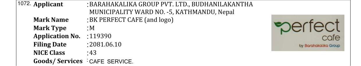 Original bulletin entry for BK PERFECT CAFE (and logo)