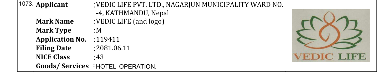 Original bulletin entry for VEDIC LIFE (and logo)