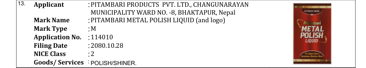 Original bulletin entry for PITAMBARI METAL POLISH LIQUID (and logo)