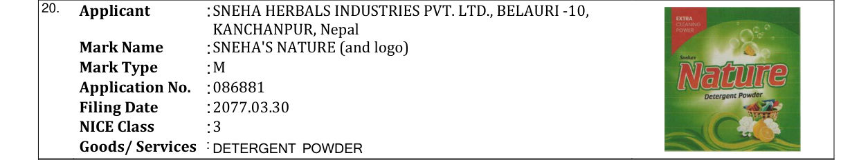 Original bulletin entry for SNEHA'S NATURE (and logo)