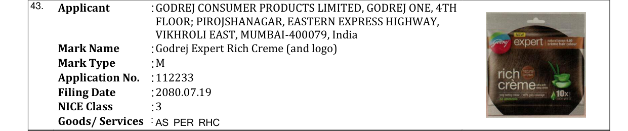 Original bulletin entry for Godrej Expert Rich Creme (and logo)
