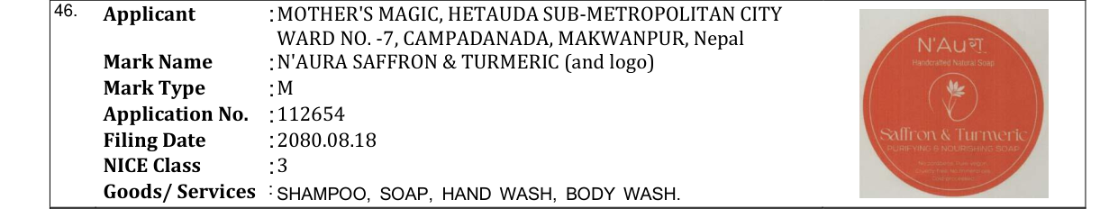 Original bulletin entry for N'AURA SAFFRON & TURMERIC (and logo)