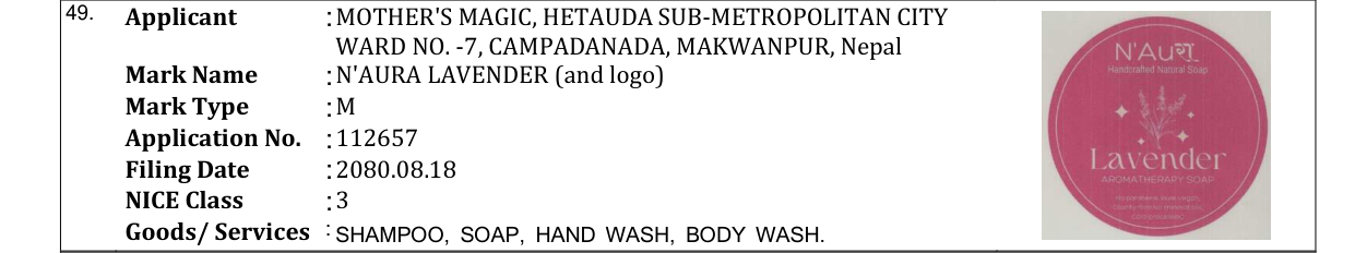 Original bulletin entry for N'AURA LAVENDER (and logo)