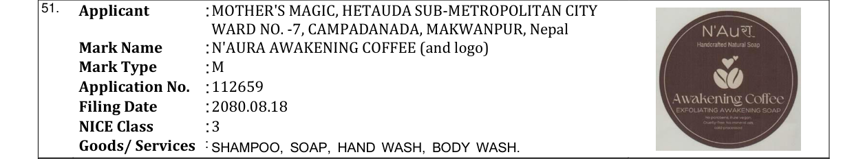 Original bulletin entry for N'AURA AWAKENING COFFEE (and logo)