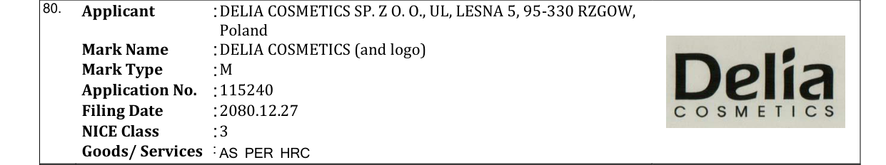 Original bulletin entry for DELIA COSMETICS (and logo)