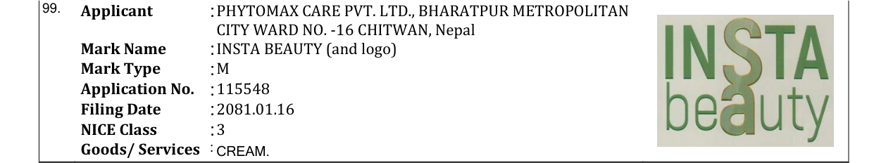 Original bulletin entry for INSTA BEAUTY (and logo)