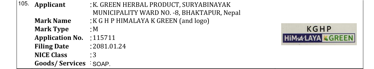 Original bulletin entry for K G H P HIMALAYA K GREEN (and logo)