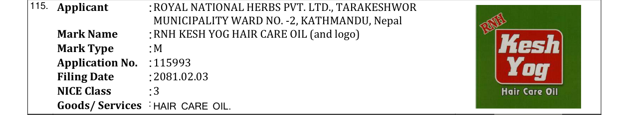 Original bulletin entry for RNH KESH YOG HAIR CARE OIL (and logo)
