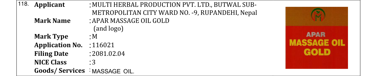 Original bulletin entry for APAR MASSAGE OIL GOLD (and logo)