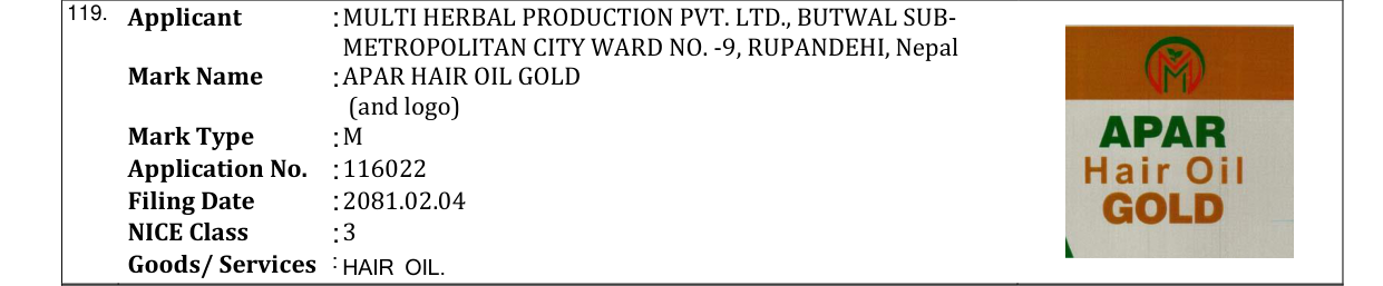 Original bulletin entry for APAR HAIR OIL GOLD (and logo)