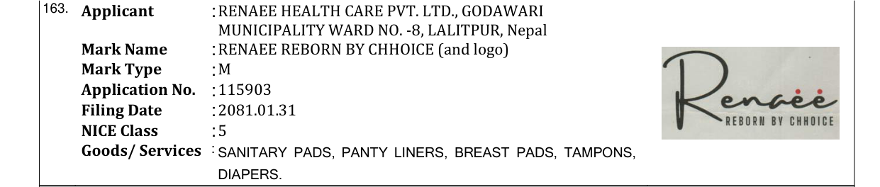 Original bulletin entry for RENAEE REBORN BY CHHOICE (and logo)