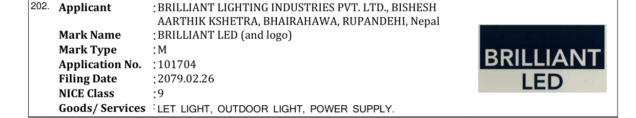 Original bulletin entry for BRILLIANT LED (and logo)