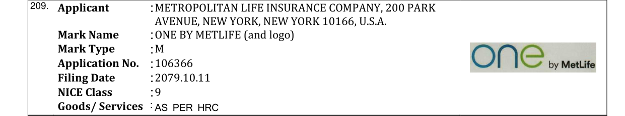 Original bulletin entry for ONE BY METLIFE (and logo)