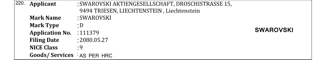 Original bulletin entry for SWAROVSKI