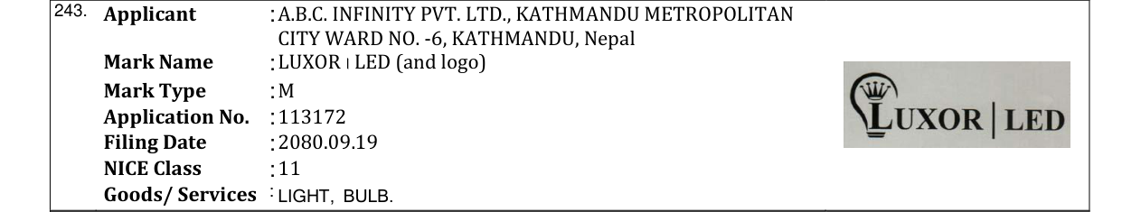 Original bulletin entry for LUXOR । LED (and logo)