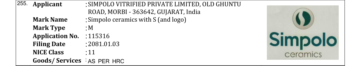 Original bulletin entry for Simpolo ceramics with S (and logo)