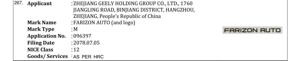 Original bulletin entry for FARIZON AUTO (and logo)