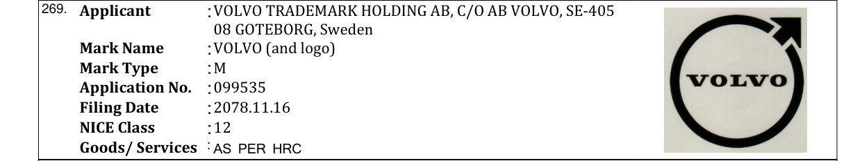 Original bulletin entry for VOLVO (and logo)