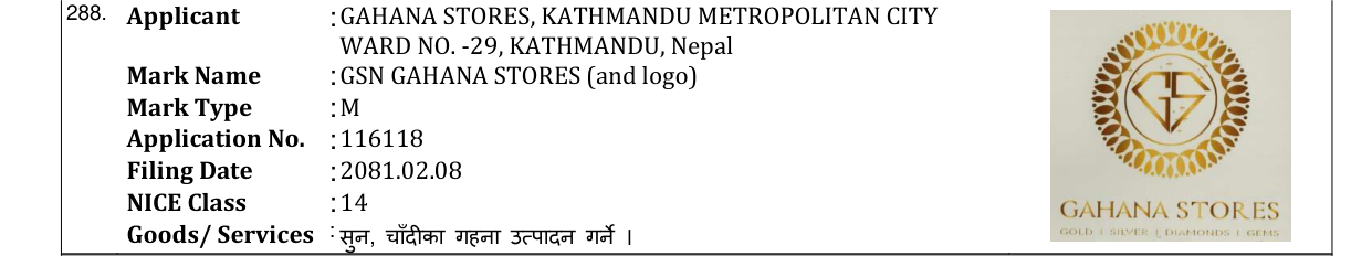Original bulletin entry for GSN GAHANA STORES (and logo)