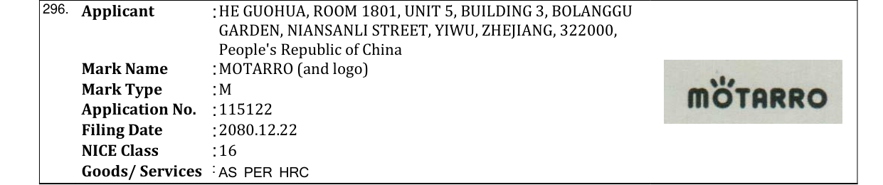 Original bulletin entry for MOTARRO (and logo)
