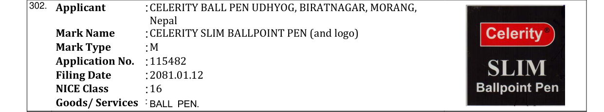 Original bulletin entry for CELERITY SLIM BALLPOINT PEN (and logo)