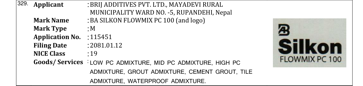 Original bulletin entry for BA SILKON FLOWMIX PC 100 (and logo)