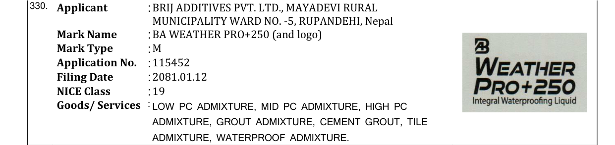 Original bulletin entry for BA WEATHER PRO+250 (and logo)