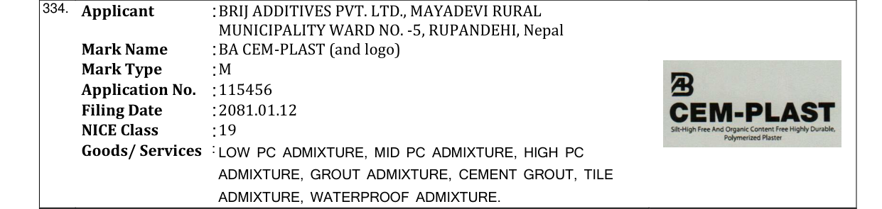 Original bulletin entry for BA CEM-PLAST (and logo)