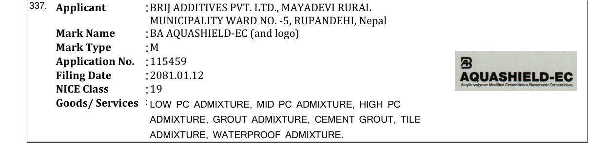 Original bulletin entry for BA AQUASHIELD-EC (and logo)