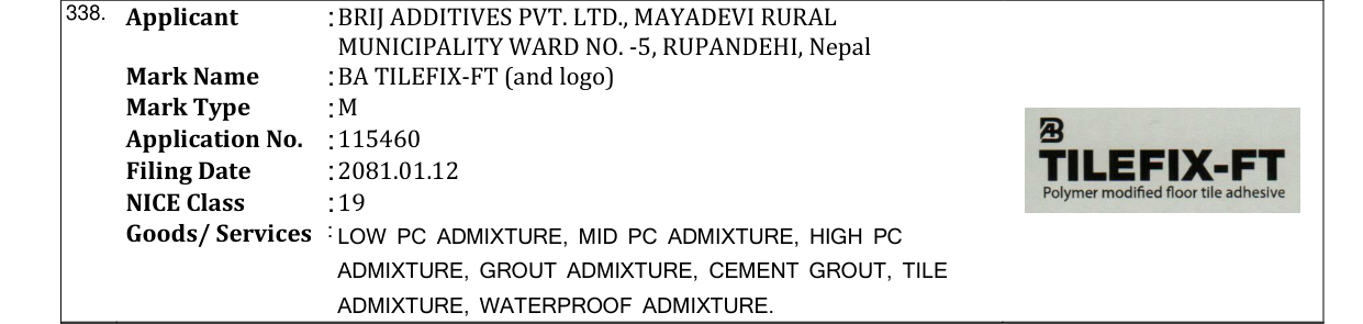 Original bulletin entry for BA TILEFIX-FT (and logo)
