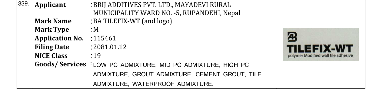 Original bulletin entry for BA TILEFIX-WT (and logo)