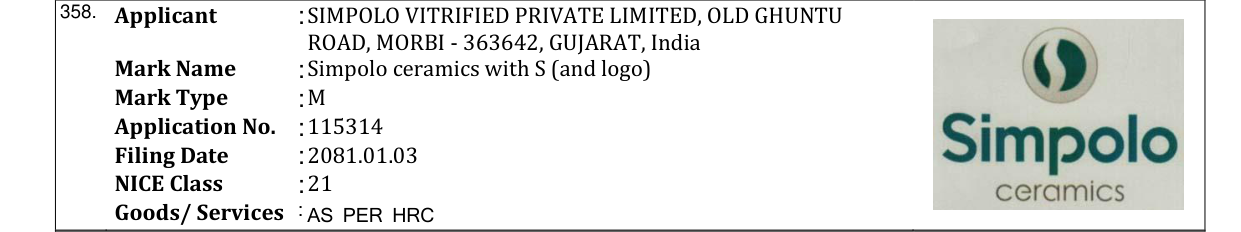 Original bulletin entry for Simpolo ceramics with S (and logo)