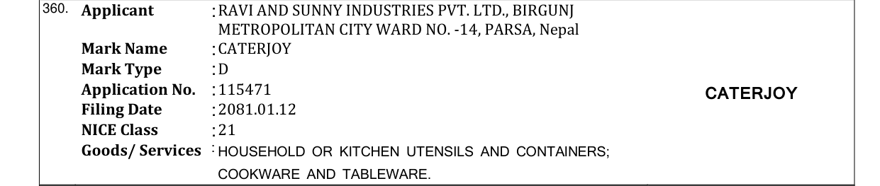 Original bulletin entry for CATERJOY