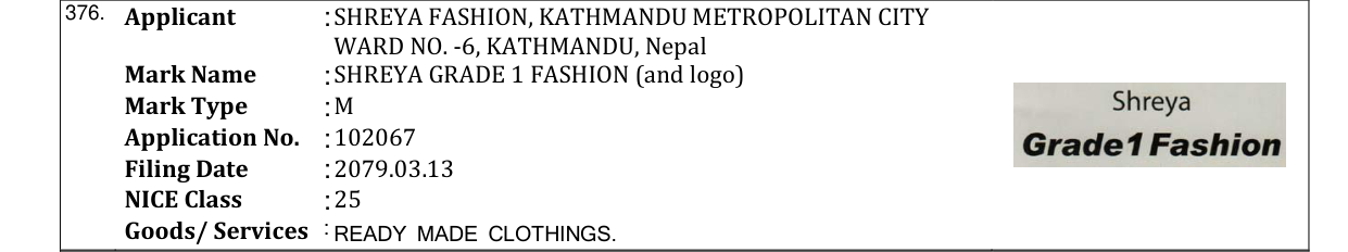 Original bulletin entry for SHREYA GRADE 1 FASHION (and logo)