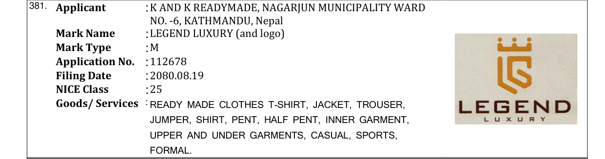 Original bulletin entry for LEGEND LUXURY (and logo)