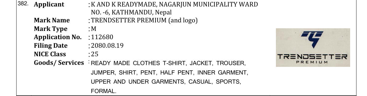 Original bulletin entry for TRENDSETTER PREMIUM (and logo)