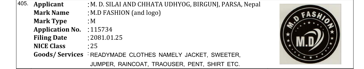 Original bulletin entry for M.D FASHION (and logo)