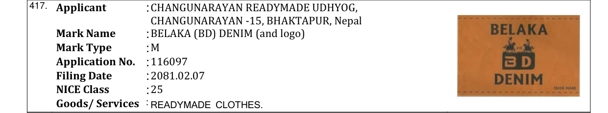 Original bulletin entry for BELAKA (BD) DENIM (and logo)