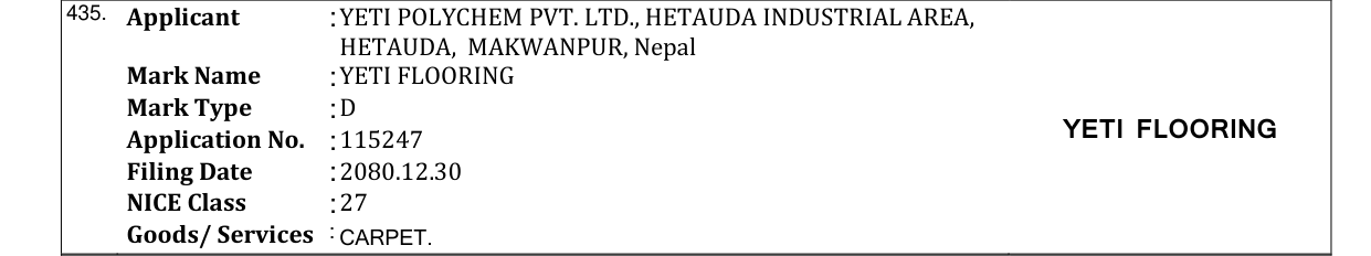 Original bulletin entry for YETI FLOORING