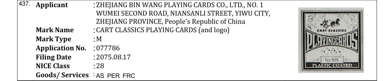 Original bulletin entry for CART CLASSICS PLAYING CARDS (and logo)