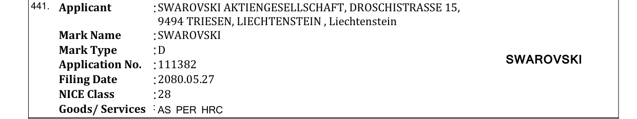Original bulletin entry for SWAROVSKI