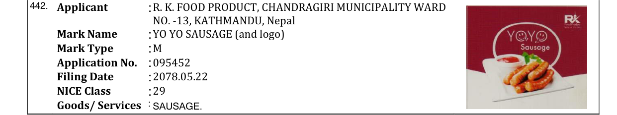 Original bulletin entry for YO YO SAUSAGE (and logo)