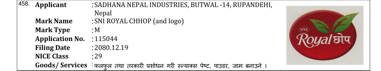 Original bulletin entry for SNI ROYAL CHHOP (and logo)