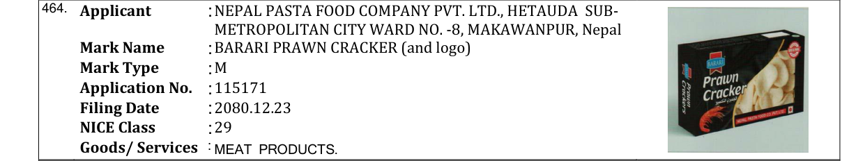 Original bulletin entry for BARARI PRAWN CRACKER (and logo)