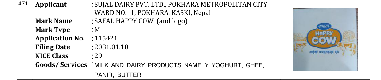 Original bulletin entry for SAFAL HAPPY COW (and logo)