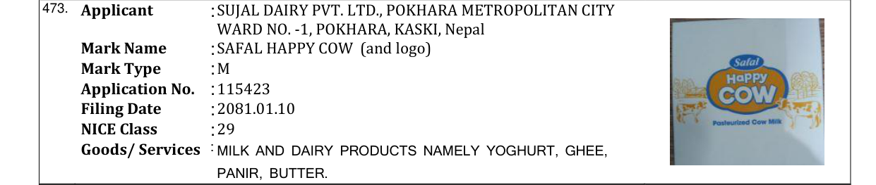 Original bulletin entry for SAFAL HAPPY COW (and logo)
